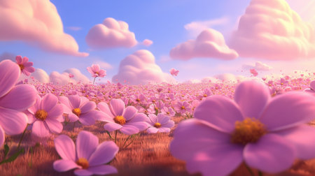 A stunning view of a pink flower field, bathed in soft sunlight below fluffy clouds, creating a serene and vibrant atmosphere filled with beauty.の素材