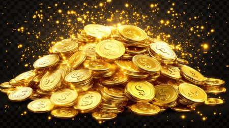 A stunning arrangement of shiny gold coins creating a sense of wealth and prosperity, enhanced with sparkling effects against a transparent backdrop.の素材