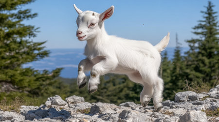 A joyful young white goat leaps across rocky terrain, embodying playfulness and energy against a backdrop of a clear blue sky, showcasing natureの素材