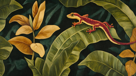 This striking image features a colorful lizard perched on large tropical leaves, surrounded by lush green foliage. Perfect for nature lovers and wildlife enthusiasts.の素材