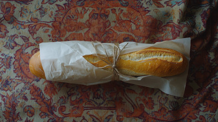 A freshly baked baguette, elegantly wrapped in white paper, rests on a colorful textile background, creating a warm and inviting culinary scene.の素材
