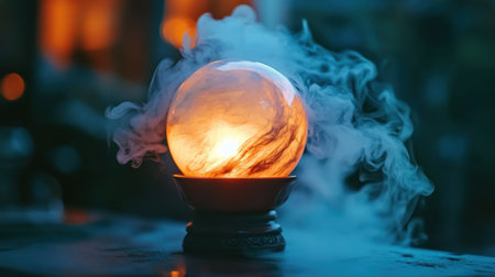 A mesmerizing crystal ball emits a warm glow, surrounded by swirling smoke, creating an enchanting atmosphere that evokes mystery and intrigue.の素材
