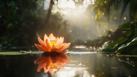 A stunning orange lotus flower glows softly as sunlight breaks through the foliage, creating a tranquil atmosphere on the serene water surface.の素材