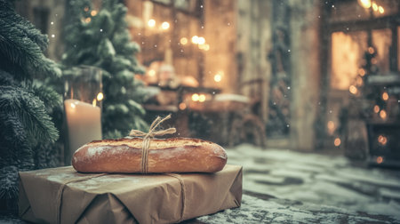 A beautifully wrapped gift holds a warm loaf of rustic bread, set against a cozy winter background with soft snowfall, illuminating the holiday spirit.の素材