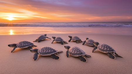 A group of baby turtles embarks on their first journey from sandy beach to ocean at sunrise, creating a breathtaking scene of nature's wonder.の素材