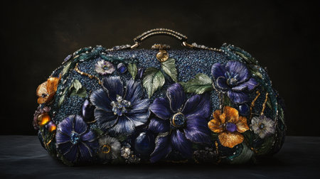 This stunning handcrafted evening purse features intricate floral embellishments in vibrant colors, captivating details, and luxury design suitable for special occasions.の素材