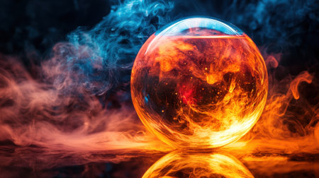 This vibrant image features a luminous orb surrounded by swirling flames and colorful smoke, creating a mystical and surreal atmosphere. The interplay of light and colors evokes a sense of energy and wonder.の素材
