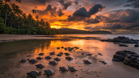 Experience the beauty of a tropical sunset as turtles grace the sandy beach. This serene scene captures wildlife and tranquil waters, showcasing nature's wonder.の素材