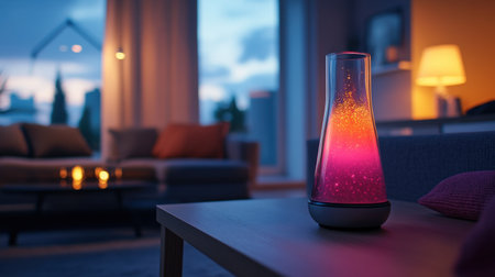 A beautifully styled modern living room featuring a colorful lava lamp as the centerpiece, radiating warm light in a serene evening setting.の素材