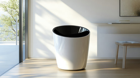 This modern trash can features a glossy black lid and a sleek white exterior, perfect for a minimalist living space. The natural light accentuates its elegant design, enhancing any interior decor.の素材