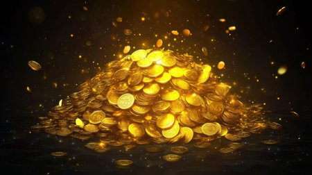 A stunning image featuring a pile of golden coins illuminated by sparkling lights against a dark background. Ideal for themes of wealth and prosperity.の素材