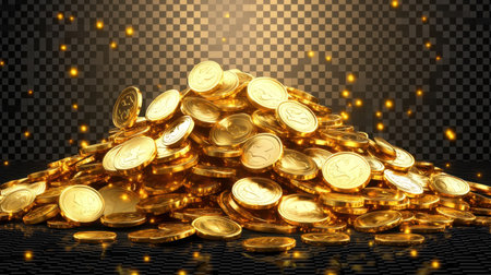 A striking image of a large pile of gleaming golden coins, beautifully illuminated to symbolize wealth, prosperity, and financial success against a sparkling backdrop.の素材