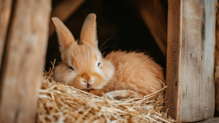 A charming fluffy rabbit peacefully resting on a bed of hay inside a cozy barn. The warm lighting highlights its soft fur and serene expression.の素材