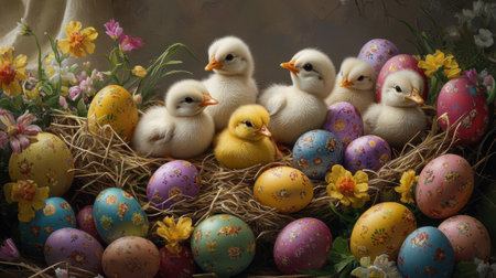 A delightful scene featuring baby ducks nestled in a cozy nest surrounded by vibrantly colored Easter eggs and blooming flowers, capturing the essence of spring.の素材
