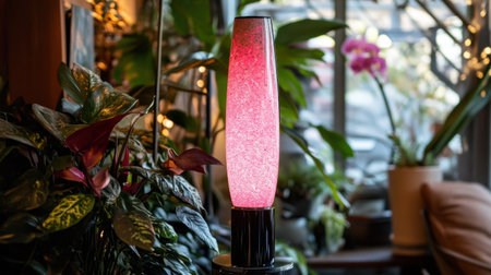 A vibrant pink glitter lamp stands tall, casting a warm glow in an indoor setting surrounded by lush plants, inviting a cozy and stylish atmosphere.の素材