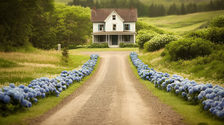 This picturesque scene showcases a charming country house surrounded by vibrant blue hydrangeas along a serene driveway, offering a tranquil escape into nature.の素材