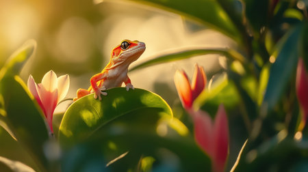A vibrant gecko perches on a lush green leaf surrounded by delicate flowers, basking in sunlight. This serene moment captures the beauty of nature.の素材