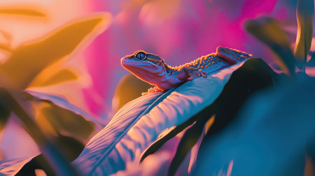 A vibrant gecko is seen resting on a lush green leaf, bathed in the warm glow of sunset, highlighting the beautiful colors and intricate details of nature.の素材