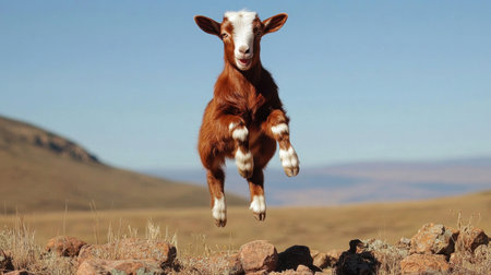 A young goat joyfully leaps in a sunny outdoor setting, surrounded by mountains and grass. The scene captures the essence of playful animal behavior and natural beauty.の素材