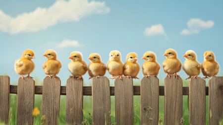 A charming scene of yellow chicks sitting on a wooden fence, showcasing their fluffy feathers against a vibrant green field and blue sky, radiating innocence and joy.の素材