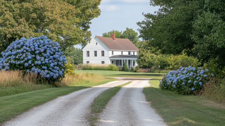 A picturesque country road inviting you to a charming white house, surrounded by vibrant blue hydrangeas and lush greenery, perfect for serene living.の素材