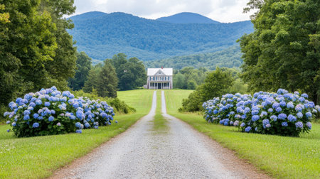 This captivating image features a charming country house nestled amidst vibrant hydrangeas and stunning mountains, creating a peaceful rural landscape.の素材
