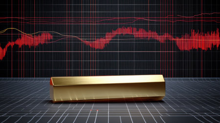 A gold bar sits prominently against a digital backdrop showcasing financial graphs, illustrating market trends and investment opportunities in a modern context.の素材