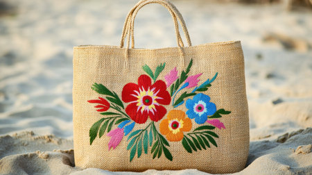 A vibrant embroidered bag, adorned with colorful floral designs, rests on sandy beach. Perfect for summer outings and capturing seasonal spirit.の素材