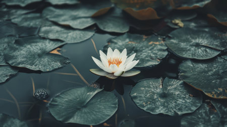 A stunning white water lily gracefully blossoms amidst dark green lily pads, creating a peaceful scene in a tranquil pond, evoking serenity in nature.の素材