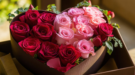 A stunning heart-shaped arrangement of red and pink roses, ideal for romantic occasions and gifts, showcasing the beauty of flowers in an elegant display.の素材