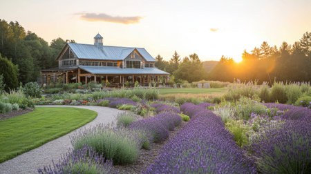 A picturesque lavender garden under a beautiful sunset, featuring a charming country house surrounded by vibrant flowers and lush greenery, creates a tranquil escape.の素材