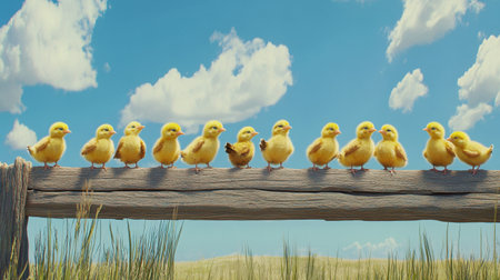 A charming scene featuring a line of fluffy yellow chicks perched on a rustic wooden fence. Bright blue sky and soft clouds enhance the joyful atmosphere.の素材