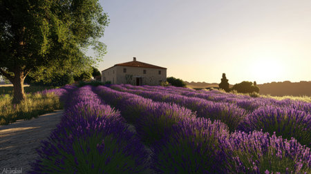 A picturesque scene of a rustic farmhouse set against vibrant lavender fields blooming under a gentle sunset. The tranquil countryside landscape invites relaxation and peace.の素材