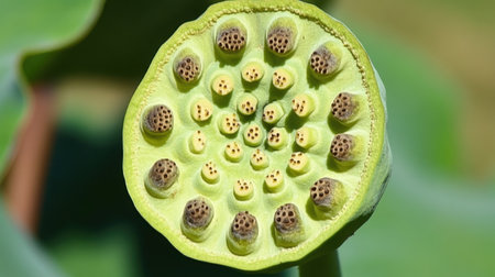 This close-up image features a green lotus seed pod, highlighting its intricate patterns and unique shapes. A captivating glimpse of natureの素材