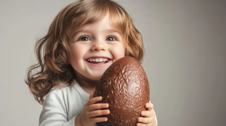 A joyful young child with curly hair smiles brightly while holding a large chocolate egg. The background is softly lit, enhancing the cheerful atmosphere.の素材