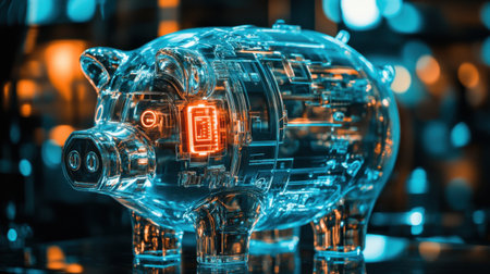 This futuristic piggy bank, crafted from glass with neon accents, represents a blend of savings and cutting-edge technology. Ideal for financial innovation themes.の素材