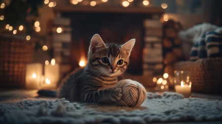 A playful tabby cat is having fun with a yarn ball in a cozy indoor setting. The warm lights and soft textures create a tranquil atmosphere, perfect for relaxation.の素材