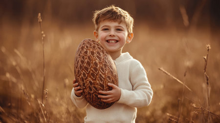 A cheerful child wearing a cozy sweater stands in a sunlit field, joyfully holding a large decorative egg. The scene captures innocence, warmth, and happiness.の素材