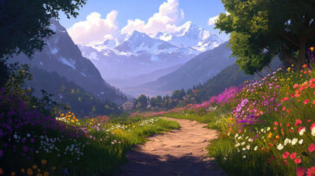 A breathtaking view of a mountain landscape featuring vibrant wildflowers, lush greenery, and majestic snow-capped peaks under a clear blue sky.の素材