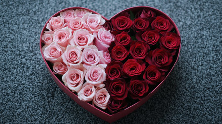 A stunning heart-shaped box filled with a beautiful arrangement of pink and red roses, perfect for expressing love and affection on special occasions.の素材