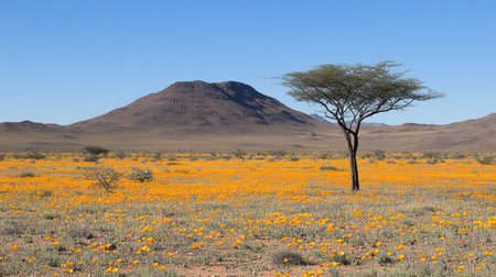 A stunning view of a vibrant wildflower field dotted with bright orange blooms, featuring an isolated tree and a mountain in the background under a clear blue sky.の素材