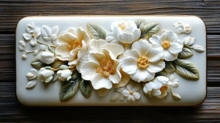 This exquisite floral relief design features white flowers and delicate leaves, showcasing intricate craftsmanship on a soft cream background, perfect for home decor.の素材