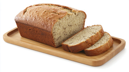 A freshly baked banana bread loaf displayed on a wooden cutting board, complete with slices cut for serving. This mouthwatering treat offers a delicious way to enjoy breakfast or snack time.の素材