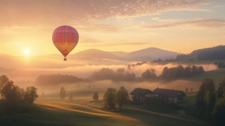 A vibrant hot air balloon floats gracefully above a serene countryside at sunrise. Stunning mist covers the rolling hills, creating a peaceful atmosphere perfect for adventure and tranquility.の素材
