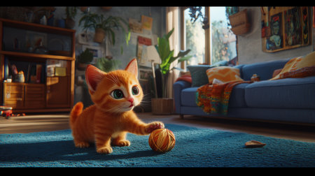An adorable orange kitten engages in playful fun with a ball of yarn in a cozy living room, showcasing a warm atmosphere filled with plants and colorful decor.の素材