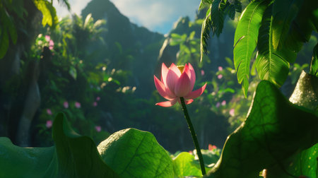 A stunning close-up of a pink lotus flower emerging from lush green foliage, set in a vibrant tropical landscape, perfect for nature enthusiasts.の素材