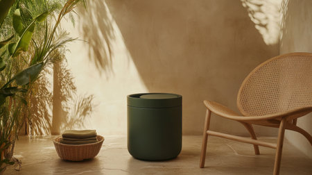 A sophisticated green storage container rests next to a woven chair in a serene indoor setting, showcasing a harmonious blend of comfort and style.の素材