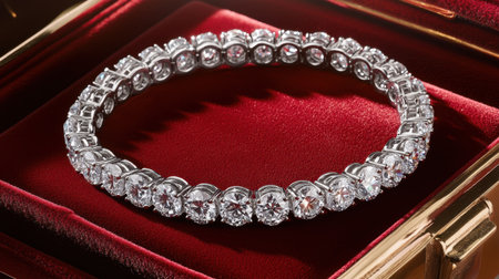 A stunning diamond bracelet elegantly showcased on soft red velvet, perfect for conveying luxury, craftsmanship, and timeless beauty in jewelry design.の素材