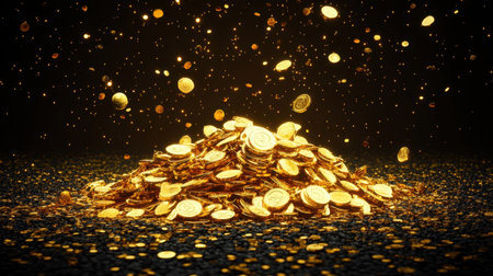 A stunning visual of a large pile of gold coins surrounded by shimmering particles creates an atmosphere of wealth and prosperity suitable for finance-related concepts.の素材