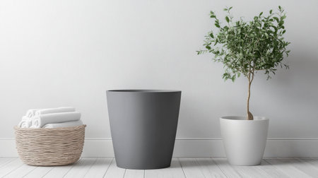 This image showcases a modern interior design featuring a decorative plant, stylish gray and white pots, and neatly arranged towels in a basket, creating a serene atmosphere.の素材